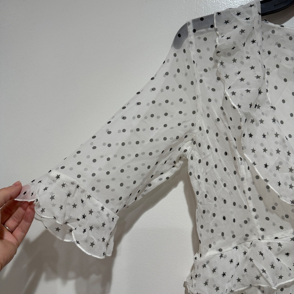We Are Leone Sheer Ruffle Maxi Robe Dress White Polka Dot Star S/M Resort Vacati - Picture 8 of 16